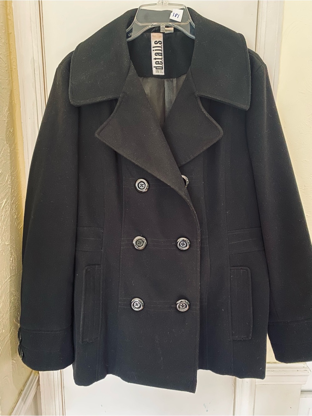 Tail Black Double-Breasted Pea Coat with Wide Notch Collar